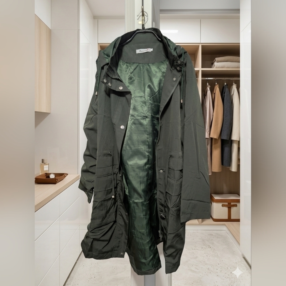 Mixxmix Olive Green Hooded Rain Jacket Trench L (EUC) - Picture 10 of 15